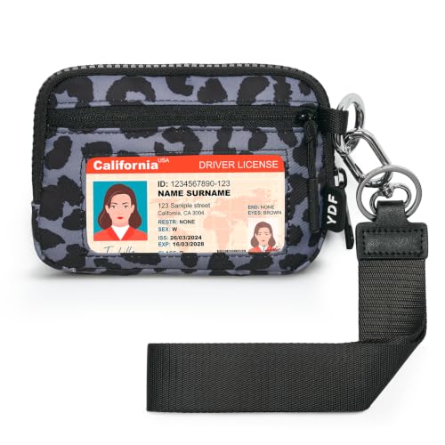 Wristlet Wallet for Women with Clear ID Window, Zip Coin Purse and Keychain - color: Charcoal Leopard