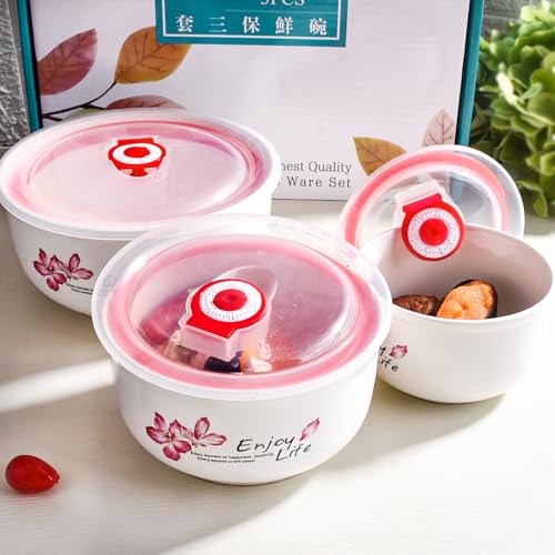 Ceramic Food Storage Bowl with Lids Set of 3, Cherry Blossom Nesting Bowls
