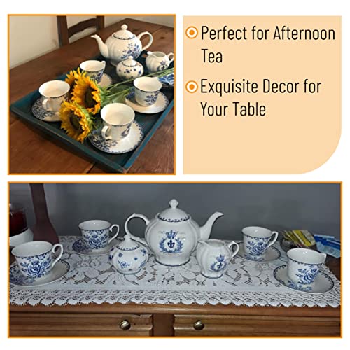 Brew To A Tea Blue Dream Tea Set, 48oz Teapot, 8oz Tea Cups, Saucers, Sugar Bowl, Creamer, Porcelain, Blue