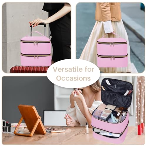 Double Layer Makeup Bag with Adjustable Dividers, PinkGold - color: Pink Gold