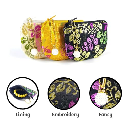 Handmade Women Coin Purse Brocade Zipper Wallet Rosary Pouch Silk Jewelry Bag - Black - color: Black