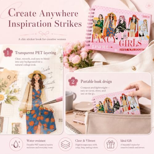 Women Character Sticker Book for Journaling, 50 Sheets PET Stickers - color: 50 Sheets Girls Sticker Book
