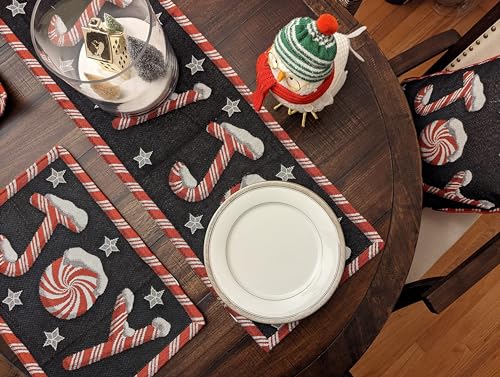 DaDa Bedding Starry Peppermint Joy Placemats - Set of 4 Festive Christmas Winter Holiday Tapestry - Red Black & White Cotton Linen Woven Yueltide Dining Table Mats - 13” x 19” (12904) - color: Joy