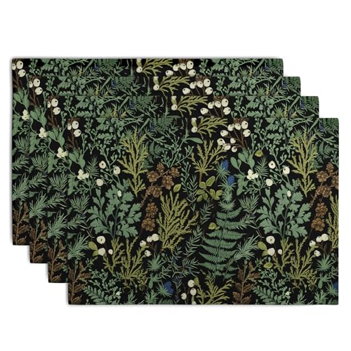 Black Sage Green Leaves Placemats Set of 4 Vintage Botanical Fern Leaf Floral Place Mats Farmhouse Heat Resistant Washable Kitchen Dining Linen Table Mats for Home Party Decor 12x18 Inch - color: Black Sage Green Leaves