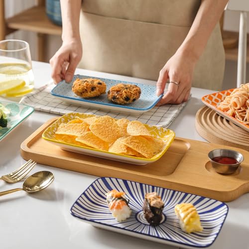Selamica Ceramic Rectangular Salad Plates Set of 4, Small Serving Plates for Appetizers, Sushi, Fruit, Assorted Colors - color: Assorted Colors, size: 8 Inch, Set of 4