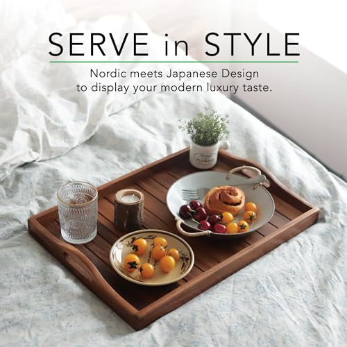 Large Acacia Wooden Serving Tray with Handles 20 x 14 inch Decorative Coffee Table Ottoman Tray for Living Room Extra Large for Kitchen Dinner Food Bar Breakfast in Bed (Color Natural) - color: Natural Wood