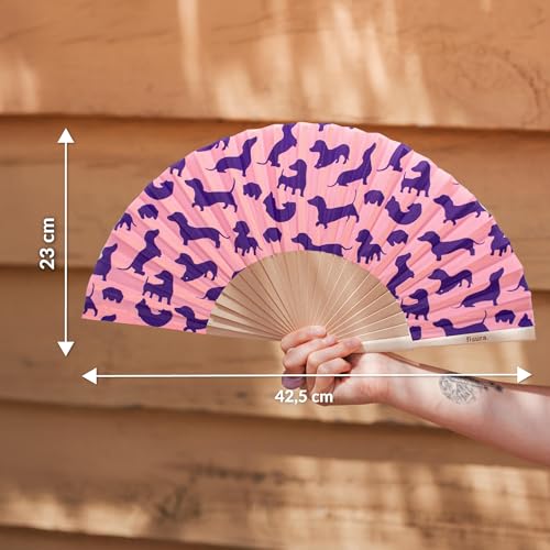 Fisura – Original “Sausage Dog” Folding Fan. Pink Wooden Handheld Fan for Women with Hanger. Lightweight Accessory for Weddings, Birthdays, Parties, Festivals and Fun Gift Ideas. - color: Sausage Dog