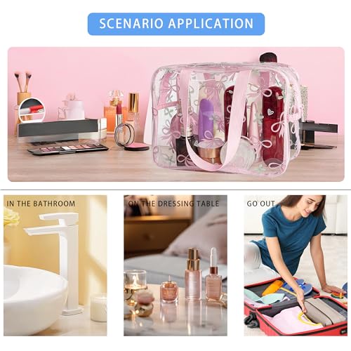 Flower Makeup Bag - Clear Printable Vinyl Cosmetic Pouch,11.81x4.3x8.26inches Waterproof Small Clear Gift Bags for Travel & Organizer (Pink Bow) - color: Pink Bow