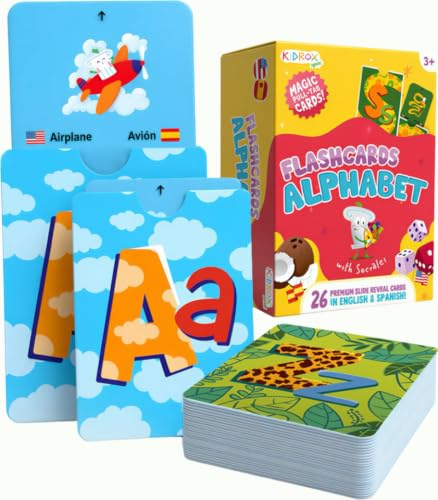 Kidrox Squad Alphabet Flashcards for Kids – 26 Slide-Reveal Cards in English & Spanish | Magic Pull-Tab Bilingual Learning Game for Toddlers & Preschoolers Age 3+ - color: Alphabet