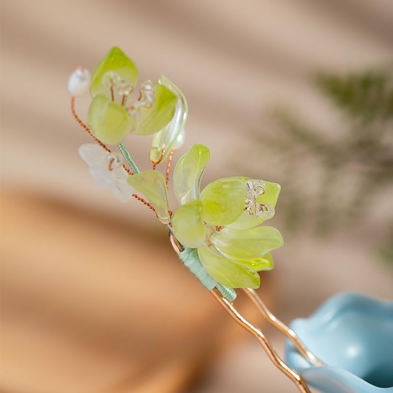 Green Snow Lotus Hairpin Chinese Hanfu and Han Style Hair Retro Flower with Metal Handmade Hair Clip Hair Accessories for Women Girls Long Hair (Green Snow Lotus) - color: Green Snow Lotus
