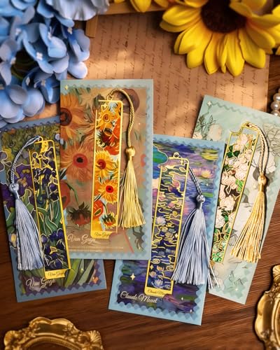 4 Pieces Metal Bookmarks with Tassel, Golden Hollow Bookmark Van Gogh Monet Oil Painting Theme Book Marker for Book Lovers Writers Readers Children Teens Men Women Adults - style: Paintings-4PCS