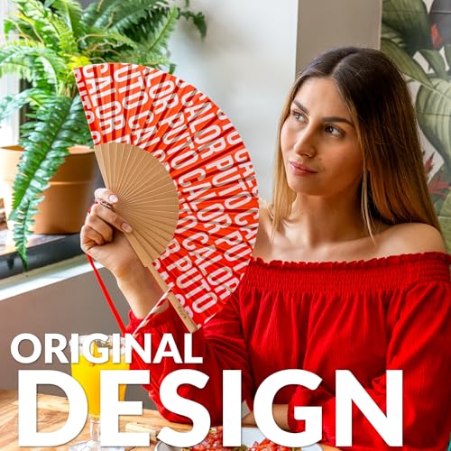 Fisura - Original red folding fan with message p*to calor. Handheld folding fan for women. Hanger included. Fans for wedding, party, gift. - color: P*to Calor, Red Pattern