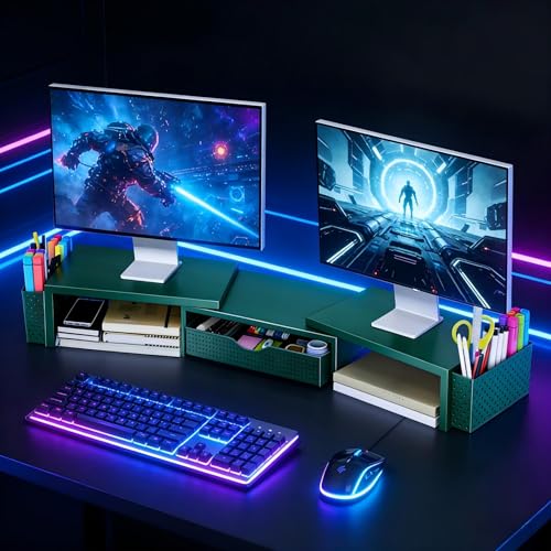 Spacrea Dual Monitor Stand Riser with Drawer and 2 Pen Holders - color: Dark Gree