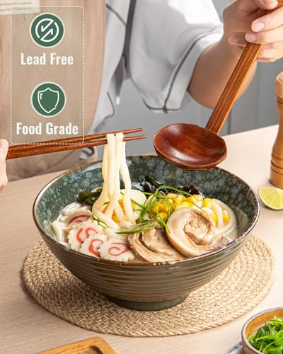 Large Japanese Ramen Bowl Set of 4, Material Safety Ceramic Ramen Bowls with Matching Chopsticks and Spoons, 8 Inch 40oz Pho Bowls Ramen Noodle Bowl for Asian Udon Soup Salad Cereal(Green) - color: Greee-4 Bowl Set