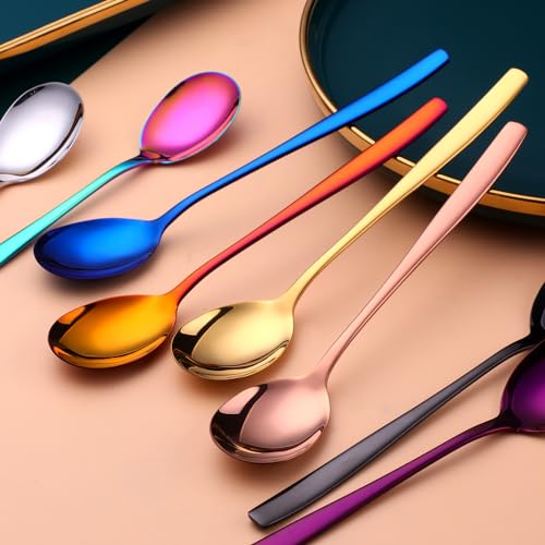 Metal Round Spoons, 8 inch Stainless Steel Reusable Long Handle Korean Soup Spoons, Table Dinner Desert Spoon Set of 8 - size: Silver