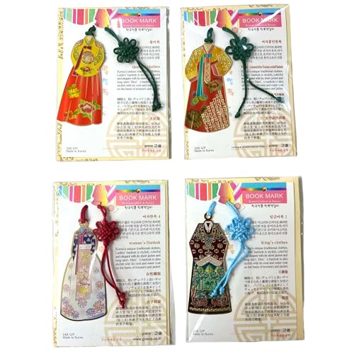 Korean Hanbok Metal Bookmark Set of 4 – Traditional Korean Souvenir Gift with Tassel, Decorative Korean Culture Bookmark, Unique Gift for Book Lovers, Students, Teachers, Reading Accessories