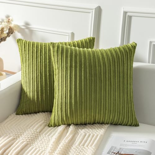Kevin Textile Striped Corduroy 16”x16” Pillow Covers 2 Pack, Green - color: Green, size: 16" x 16" (Pack of 2)