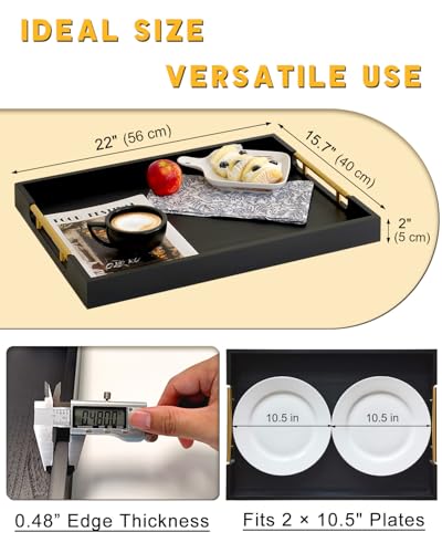 22" x 15.75" Wooden Serving Tray with Handles, Black Ottoman Tray - color: Black
