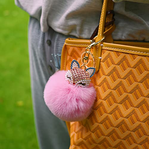 Faux Rabbit Fur Pom Pom Keychain with Fox Head - color: Pink2