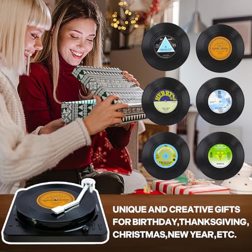 Funny Retro Record Coasters for Drinks with Vinyl Player Holder for Music Lovers,Set of 6 Conversation Piece Sayings Drink Coaster,Housewarming Hostess Wedding Registry Gift Ideas - style: A001