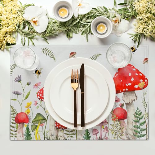 Mushroom Plants Placemats Set of 4，Rustic Wildflowers Heat Resistant Washable Place Mats 12x18 Inch Farmhouse Decor Table Mats for Party Kitchen Dining Indoor Outdoor - color: Mushroom