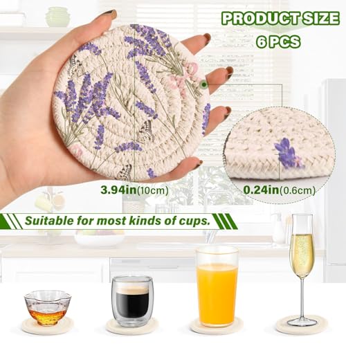 Beautiful Purple Lavender Drink Coasters Set - 6 Pcs Minimalist Woven Coasters with Holder for Home Decor, 3.94 Inch Absorbent Coasters for Drinks - color: A01
