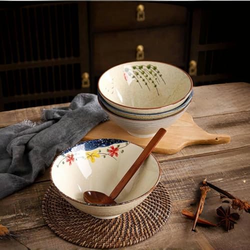 Ceramic Ramen Bowl Set, 2 Sets 34 Ounces Large Japanese Noodle Soup Bowls with Spoons and Chopsticks for Soup Udon Soba Pho Asian Noodles Pasta Salad