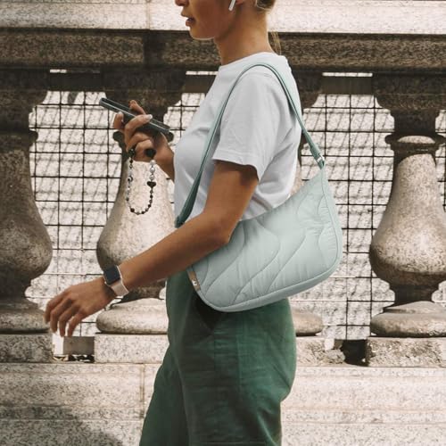 tomtoc Puffer Sling Crossbody Bag for Women Trendy, Nylon Quilted Crescent Shoulder Bag Purses, Puffy Travel Hobo Handbag - color: Light Blue-s