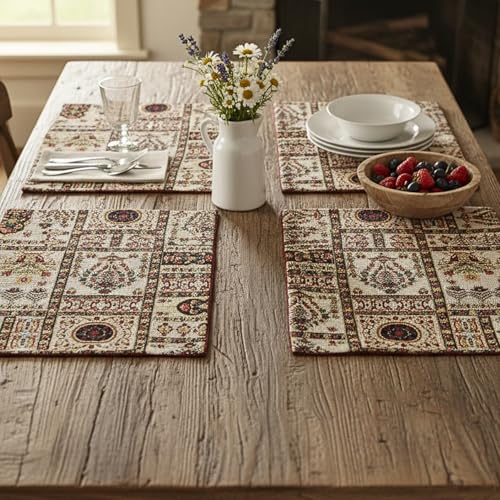 DaDa Bedding Elegant Floral Tapestry Placemats - Set of 4, Mughal-Inspired Woven Cotton Linen Dining Mats, Multi-Colored Vintage Garden Design - 13” x 19 - color: Light Botanical