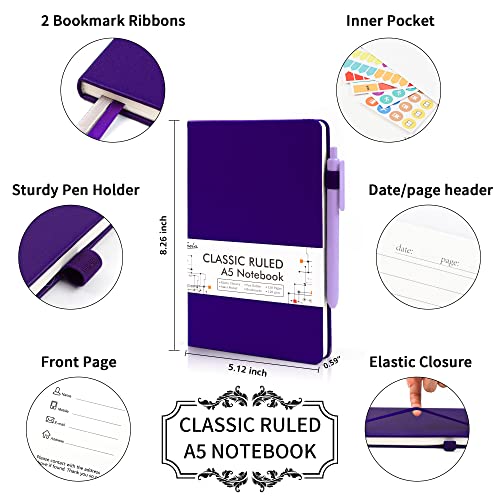 feela 24 Pack Journal Notebook Bulk for Work, Business Notebook Hardcover Lined Writing Journal with Pen Holder for Men Women Note Taking, with 24 Black Pens, 120 GSM, 5.1”x8.3”, A5, Purple - color: 24 Purple