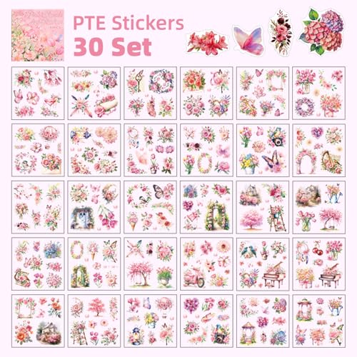 Rose Garden Series Sticker Scrapbooking Supplies for Junk Journal, 30 Sheets PET Stickers - Vintage Journaling Stickers, Ephemera Sticker Book Pre Cut(TZ-005-001) - color: Rosy Pink Clouds