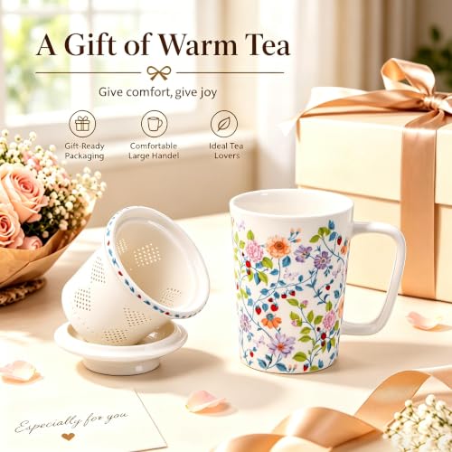 Ceramic Tea Mug with Infuser and Lid,16oz Floral Loose Leaf Tea Cup - color: Vibrant Floral