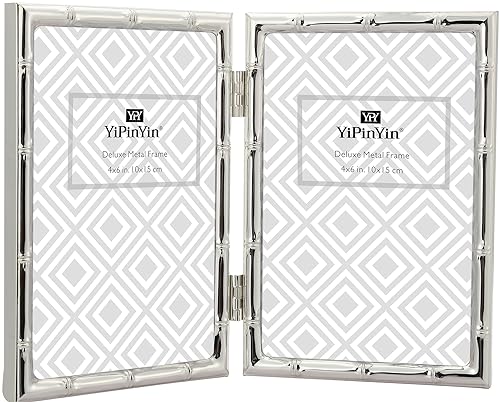 4x6'' Bamboo Detail Double Photo Frames,Silver 6x4'' Double Metal Picture Frames,Elegant Silver Plated Photo Frames 4 x 6'' With Soft Touch Velvet Backing and Real Glass for Desktop and Shelf Decor - color: Silver, size: 4x6Inch Double