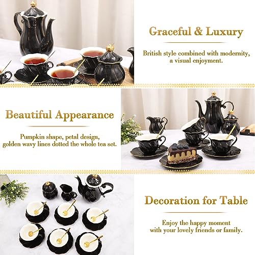 DUJUST 22 pcs Porcelain Tea Set for 6, Luxury British Style Tea/Coffee Cup Set with Golden Trim, Beautiful Tea Set for Women, Tea Party Set, Gift Package (Including a Stand) - Black - color: Black