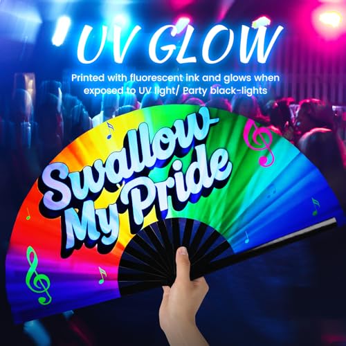 SYNTECSO Folding Hand Fan for Rave, UV Glow Clack Fan - color: Swallow My Pride