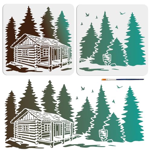 MAYJOYDIY 2pcs Forest Cabin Tree Stencil 22×11inch Splicing Style Forest Pine Cabin Stencil Nature Forest Landscape 11.8×11.8inch Drawing Template with Paint Brush for Art Crafts Canvas Furniture - color: Forest Cabin Tree
