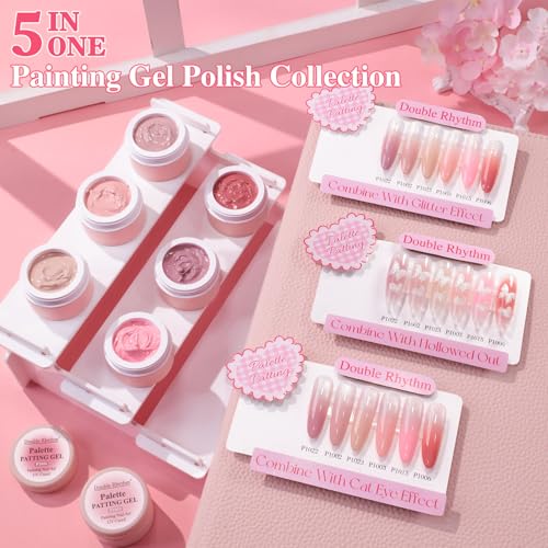 Double Rhythm Painting Gel Polish Set for Nail Art Palette Patting Gel Polish 6 Colors with 100 Pcs Sponges and Grabbing Pen (Nude Pink Purple Rose-T6-65) - color: Nude Pink Beige