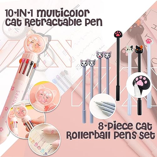 Pencil Case Set for Girls - Back to School Supplies, Pop Up Pencil Pouch with 8 Cat Pens, 10 Color Multicolor Pen, Sticky Notes, Stickers & Erasers, Kawaii Stationery Gift Set for Students (Pink Cat) - style: Cat Stationary