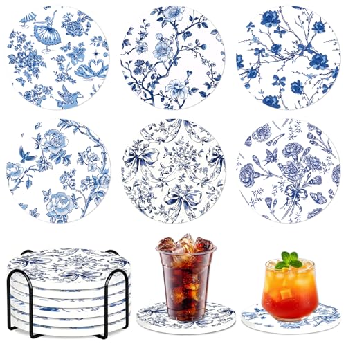 Blue and White Coasters Set of 6, Blue White Floral Ceramic Coasters with Holder Cork Base, Drink Absorbent Coffee Table Protection Home Decor, Christmas Housewarming Gifts - color: Blue White Flower