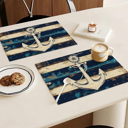 Nautical Placemats Set of 4, Coastal Anchor Place Mats, Rustic Beach Navy Blue Waterproof Washable Table Mats for Home Party Indoor Kitchen Dining Table Decoration 12x18 Inch - color: Anchor, size: Set of 4