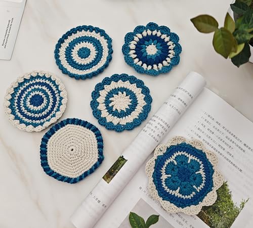 Handmade Crochet Floral Coaster, Absorbent Blue Coaster, 3.9 inches