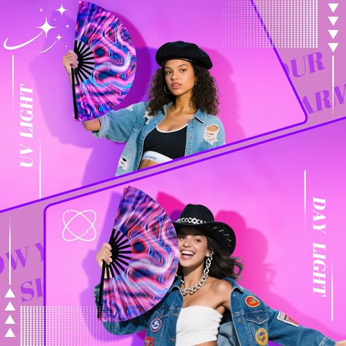 13 Inch Large Rave Fan & Clack Fan for Line Dancing - Folding Hand Fan with UV Glow for Boots on The Ground, Performance, Wedding, Party - Portable Handheld Fan for Women & Men - color: Circle*1
