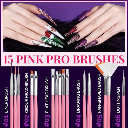 FANDAMEI Nail Charms and Nail Brushes, Nail Accessories Kit with 15 Pcs Nail Art Brushes, 6 Box Nail Charms and Gems, 10 Pcs Flower Nail Stickers, 5 Pcs Dotting Tools, Nail Art Kit with Nail Brush - color: pink