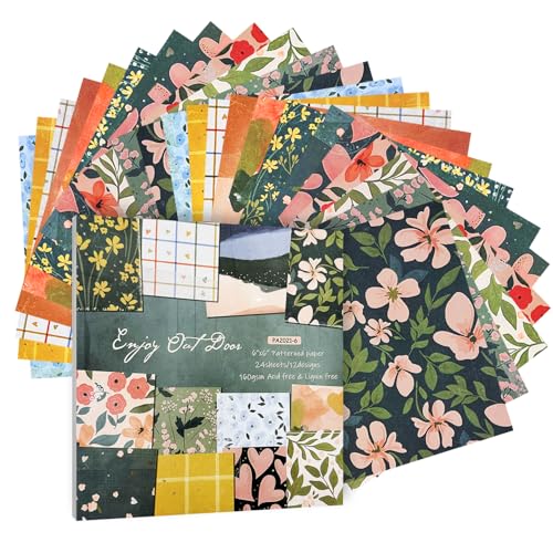 24Pcs 6×6 Scrapbook Paper Pad Decorative Decoupage Paper Pink Yellow Floral Pattern Pack Scrapbook Supplies For DIY Photo Album Decor Art Junk Journal Supplies,Card Making Scrapbooking Craft