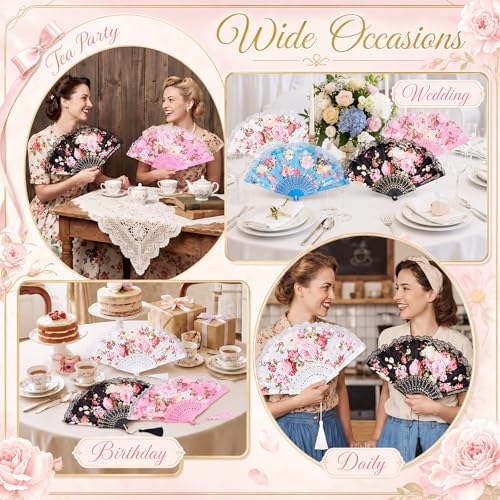 Ecally 12 Pack Lace Folding Hand Fans, Victorian Spanish Style in White Blue Pink Black, Bulk Foldable Fans for Tea Party Favors, Wedding, Bridal Shower, Quinceañera, Baby Shower, Birthday Decor - color: 4 Colors, size: Victorian