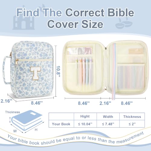 Personalized Initial Bible Cover Case for Women Girls Kid - Large Quilted Bible Case with Handle,Chenille Letter Bag Study Supplies,Christmas Gifts for Christians Birthday Graduation(Blue Flower-T) - color: Blue Flower, size: letter-T