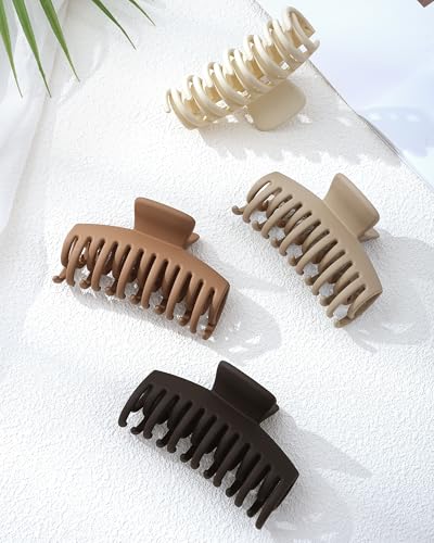Mesovor 4 Pack 3.5" Double Row Teeth Claw Clips for Thin Fine Hair Non-Slip - color: Brown Neutral Matte
