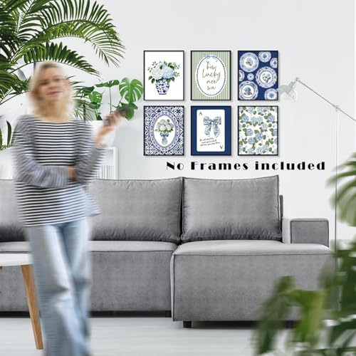 LUKIPOM Blue Chinoiserie Hydrangea Wall Art Poster,Coquette Blue and White Floral Grandmillennial Canvas Wall Decor Gifts for Women Teen Girls Home Bedroom Living Room，8x12in Set of 6 - color: Color 018