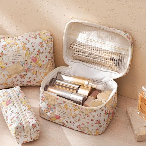 HBselect Quilted Makeup Bag, 3Pcs Cotton Large Travel Makeup Bags Organizer - color: A-3PCS-Floral 37