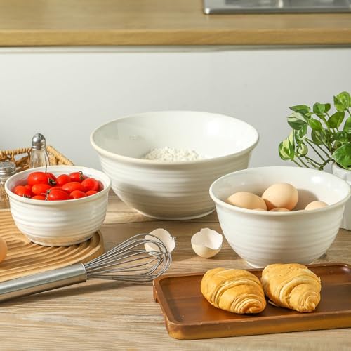 HASENSE Ceramic Mixing Bowls Set, 2.1/1.0/0.5 Qt, Handmade Salad Serving Bowls for Kitchen, Deep Nesting Dishes for Storage and Baking, Microwave Dishwasher Safe, Clay-Infused White - color: Clay-Infused White, size: 20+40+84 Ounce
